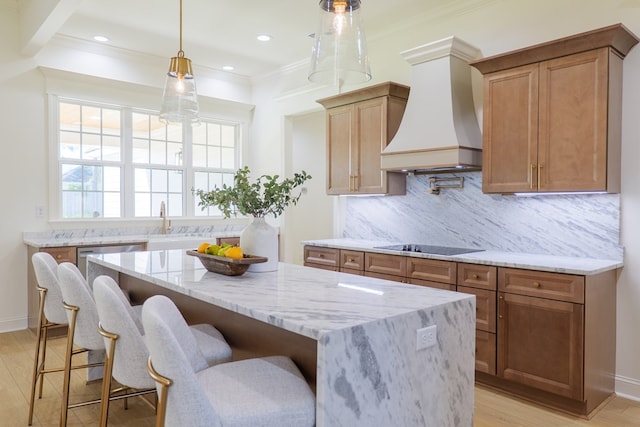 kitchen with dishwasher, custom range hood, backsplash, and light stone countertops