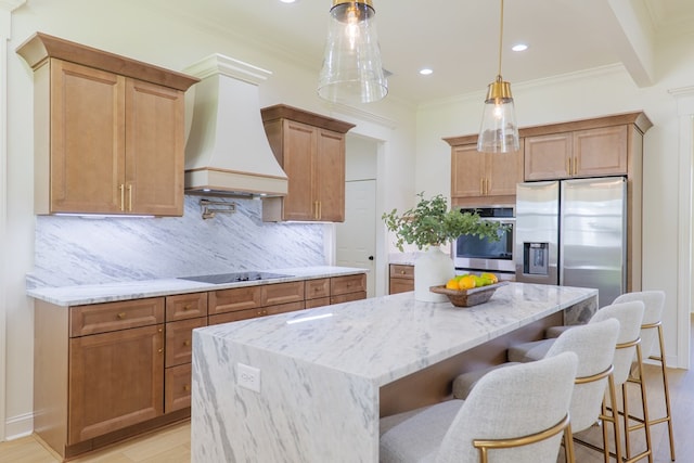 kitchen featuring custom range hood, tasteful backsplash, crown molding, light stone countertops, and stainless steel appliances