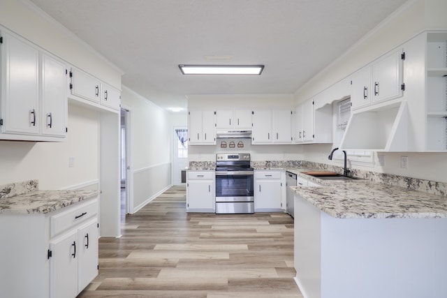 kitchen with white cabinetry, sink, stainless steel appliances, crown molding, and light wood-type flooring