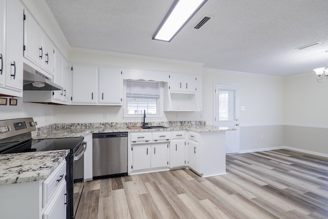 kitchen featuring black electric range, white cabinets, stainless steel dishwasher, and sink