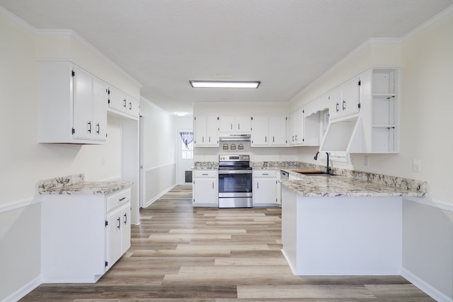 kitchen featuring white cabinets, sink, stainless steel range with electric cooktop, and light hardwood / wood-style floors