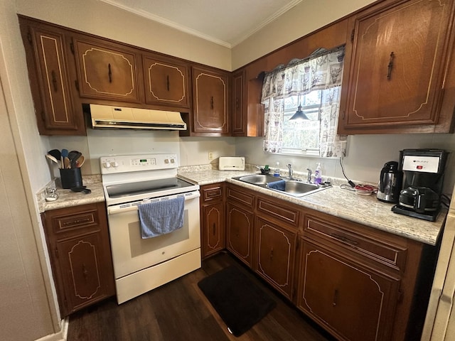 kitchen featuring a sink, dark wood-type flooring, light countertops, exhaust hood, and white range with electric stovetop