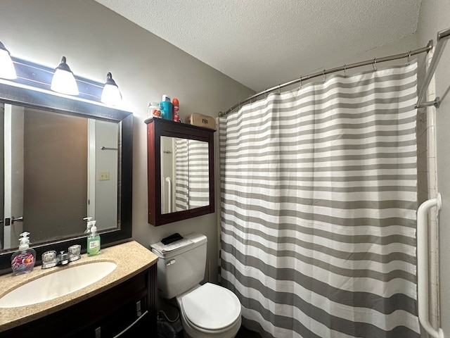 bathroom featuring toilet, a textured ceiling, vanity, and a shower with curtain