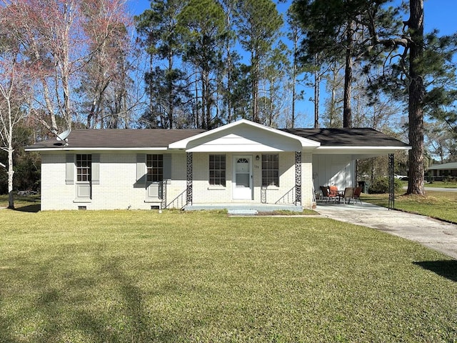 single story home with an attached carport, concrete driveway, a front yard, and crawl space