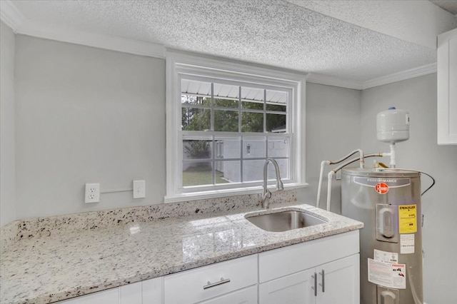 kitchen featuring white cabinets, sink, light stone countertops, a textured ceiling, and water heater