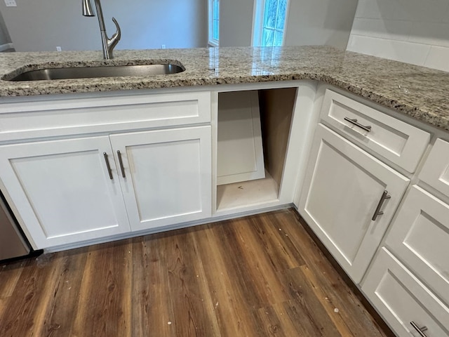 room details with white cabinets, dark wood-style flooring, and a sink