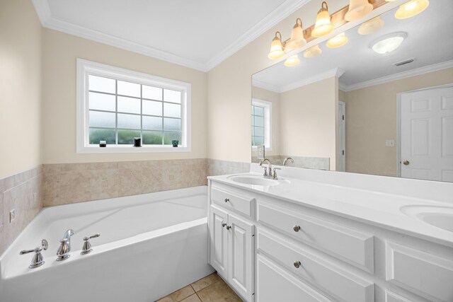 5221 Carys Brook Dr, Hahira, GA 31632 - full bath with double vanity, a garden tub, crown molding, and tile patterned flooring