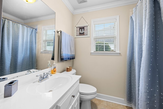 5221 Carys Brook Dr, Hahira, GA 31632 - full bathroom featuring vanity, crown molding, tile patterned flooring, and a shower with shower curtain