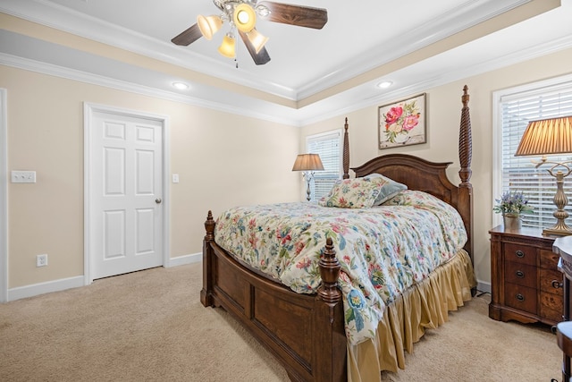 5221 Carys Brook Dr, Hahira, GA 31632 - bedroom with multiple windows, light carpet, ornamental molding, a ceiling fan, and recessed lighting