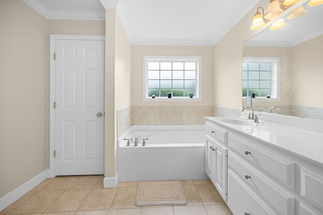 5221 Carys Brook Dr, Hahira, GA 31632 - full bathroom with vanity, a garden tub, tile patterned flooring, crown molding, and a chandelier