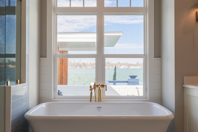 bathroom featuring a tub and a water view