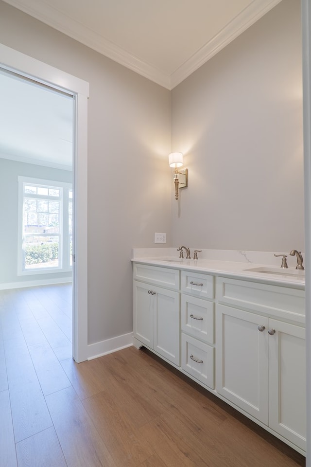 bathroom with crown molding, vanity, and hardwood / wood-style floors