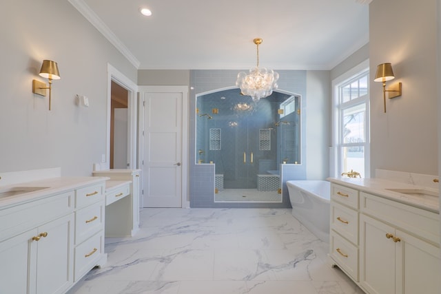 bathroom with crown molding, vanity, separate shower and tub, and a notable chandelier