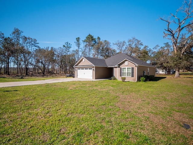 single story home featuring concrete driveway, an attached garage, and a front yard