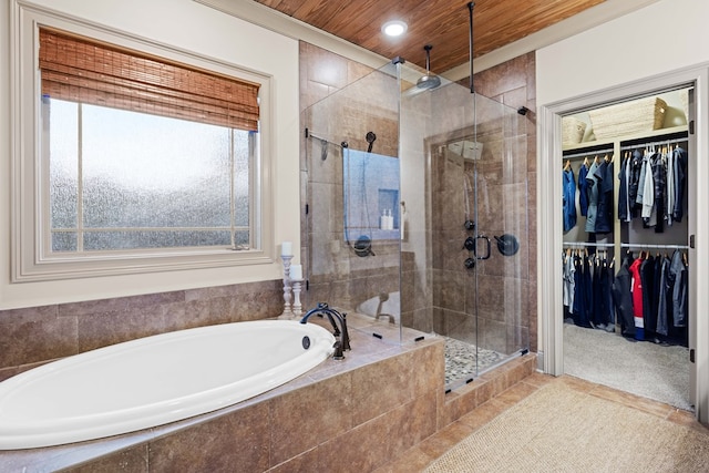 bathroom featuring ornamental molding, separate shower and tub, plenty of natural light, and wood ceiling