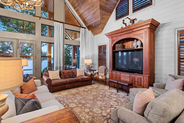 living room with wood ceiling, a wealth of natural light, high vaulted ceiling, and wood walls