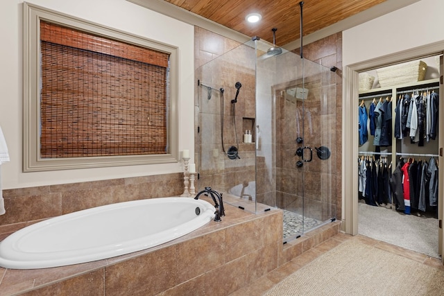 bathroom featuring wood ceiling and shower with separate bathtub