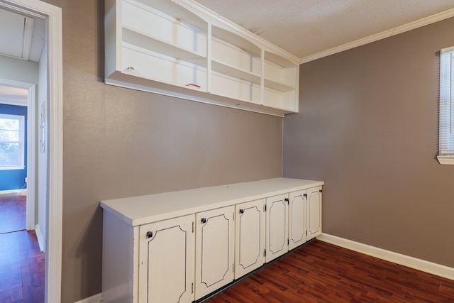 interior space with crown molding, dark hardwood / wood-style flooring, and a textured ceiling