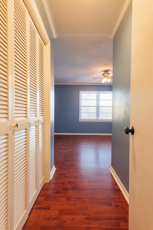 hallway featuring crown molding and dark wood-type flooring