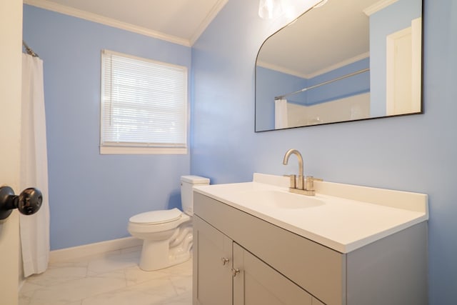 bathroom featuring crown molding, a shower with shower curtain, vanity, and toilet