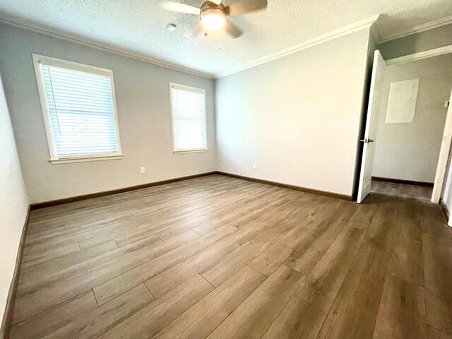 spare room featuring ornamental molding, light hardwood / wood-style floors, and a textured ceiling