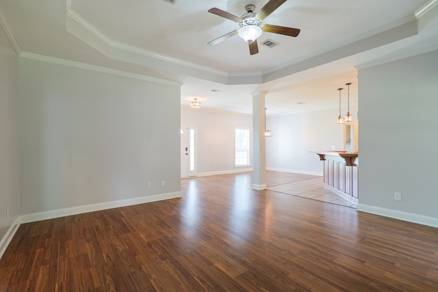 247 Harlee Ln, Ray City, GA 31645 - unfurnished room with decorative columns, wood finished floors, a ceiling fan, and crown molding