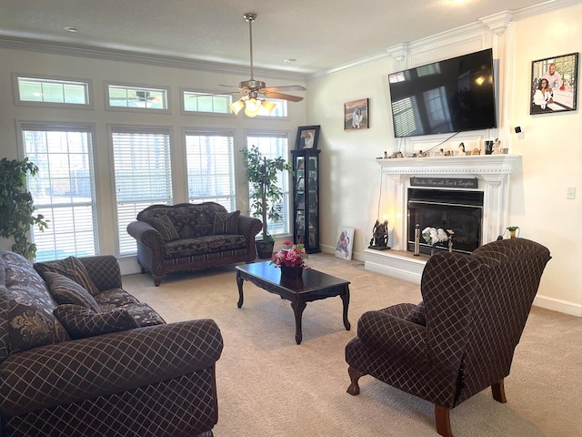 carpeted living room featuring ornamental molding and a premium fireplace