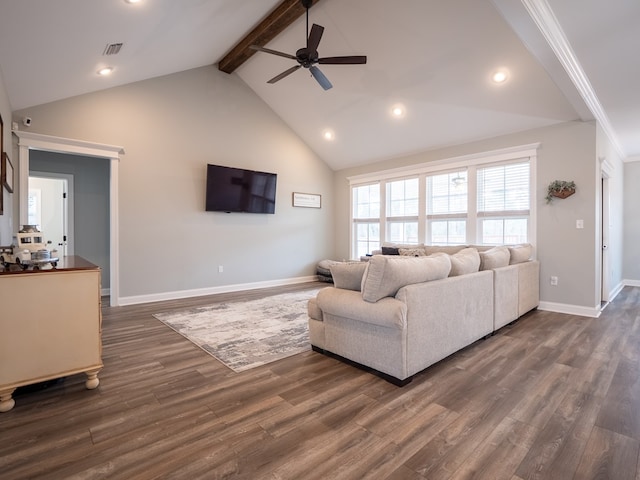 living room with dark hardwood / wood-style flooring, beam ceiling, high vaulted ceiling, and ceiling fan