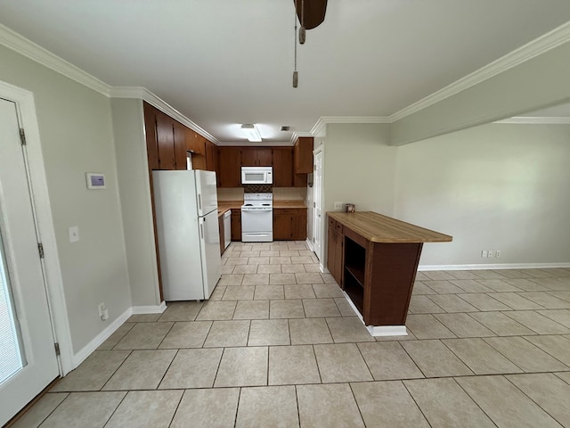 208 Magnolia Dr, Adel, GA 31620 - kitchen featuring white appliances, crown molding, light tile patterned flooring, and light countertops
