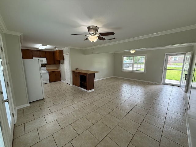 208 Magnolia Dr, Adel, GA 31620 - kitchen with white appliances, open floor plan, ceiling fan, light tile patterned flooring, and ornamental molding