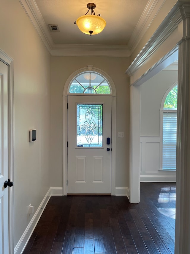 foyer featuring dark hardwood / wood-style flooring, crown molding, and plenty of natural light