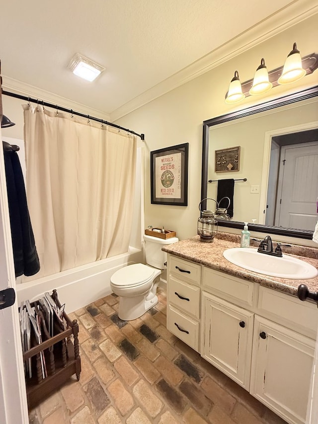 4172 Bright Crk, Hahira, GA 31632 - full bath featuring crown molding, brick floors, vanity, and shower / bath combination with curtain