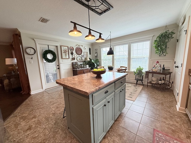 4172 Bright Crk, Hahira, GA 31632 - kitchen with gray cabinets, crown molding, a center island, decorative light fixtures, and light countertops