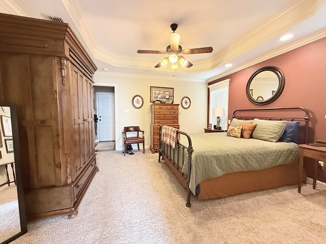 4172 Bright Crk, Hahira, GA 31632 - bedroom featuring ornamental molding, light carpet, a raised ceiling, and ceiling fan