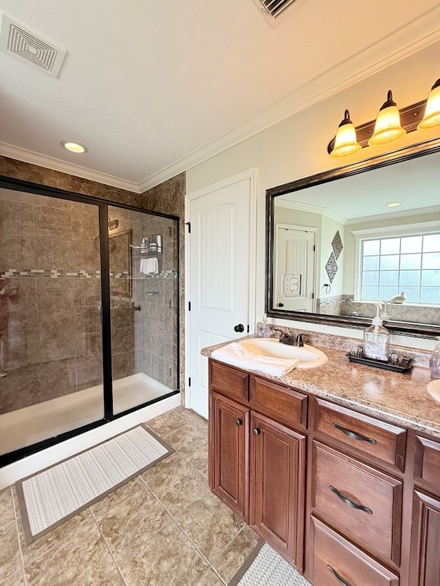 4172 Bright Crk, Hahira, GA 31632 - full bath featuring ornamental molding, double vanity, a shower stall, and tile patterned floors