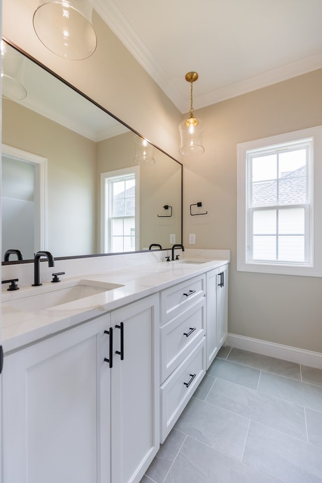 3061 Houser Way, Hahira, GA 31632 - full bath with double vanity, ornamental molding, baseboards, and tile patterned floors