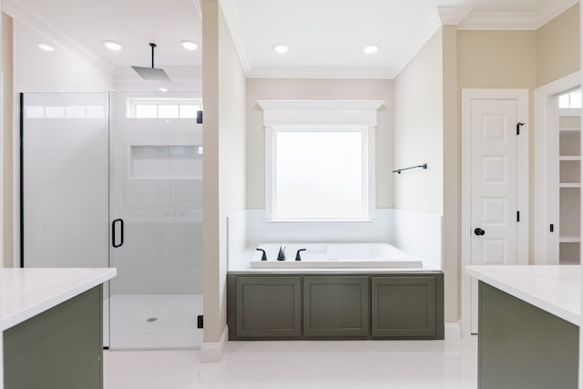 3061 Houser Way, Hahira, GA 31632 - full bath featuring a stall shower, plenty of natural light, a bath, crown molding, and recessed lighting