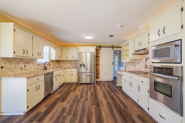 kitchen featuring under cabinet range hood, a barn door, dark wood-style floors, stainless steel appliances, and a sink
