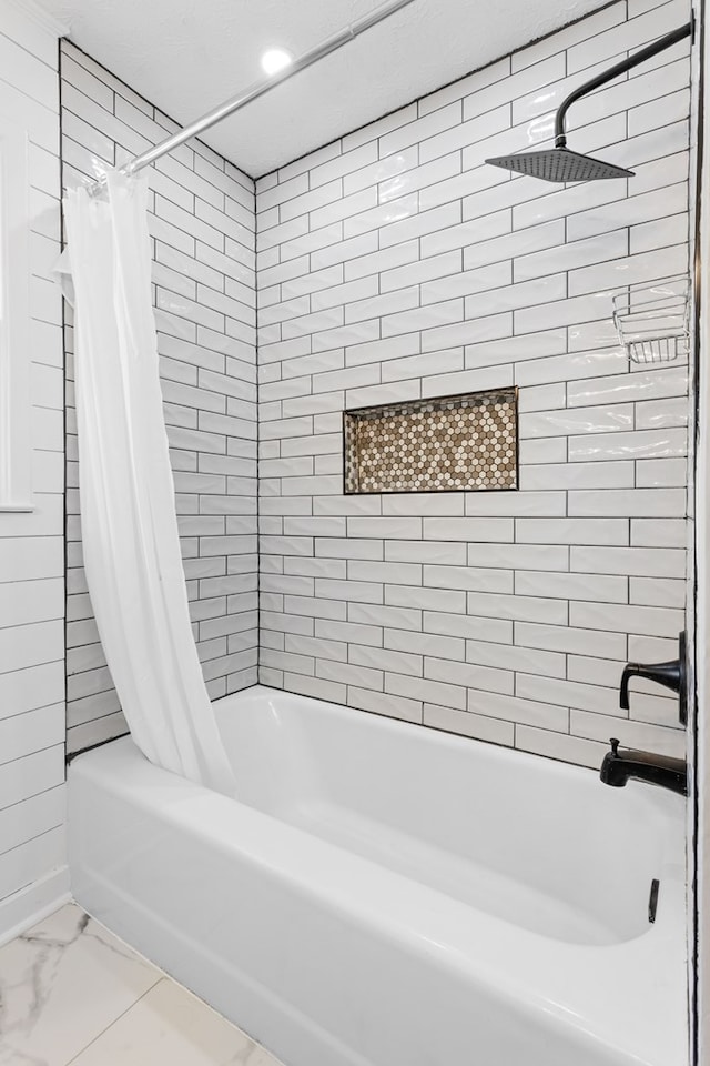 full bath with recessed lighting, marble finish floor, and shower / bath combination with curtain
