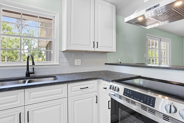 kitchen featuring white cabinetry, a sink, range hood, and electric stove