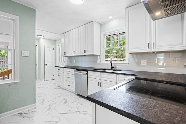 kitchen featuring stainless steel dishwasher, white cabinetry, a sink, and marble finish floor