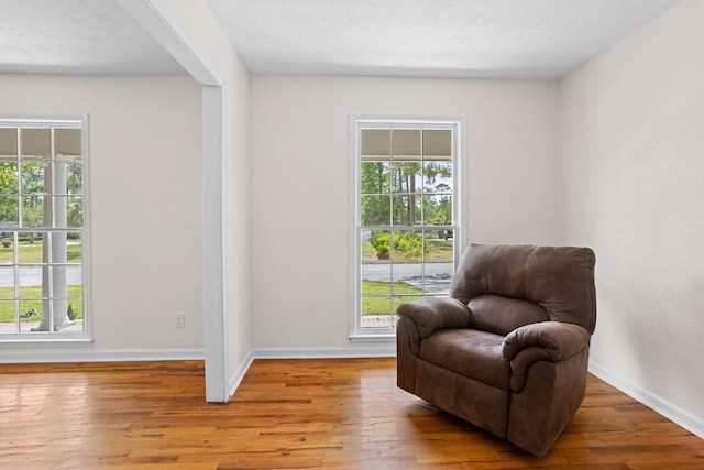 living area with baseboards, light wood finished floors, and a wealth of natural light