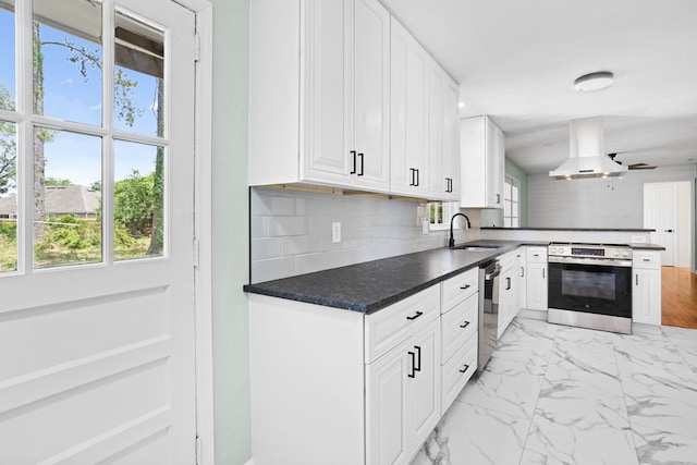 kitchen featuring plenty of natural light, a sink, island exhaust hood, and stainless steel appliances