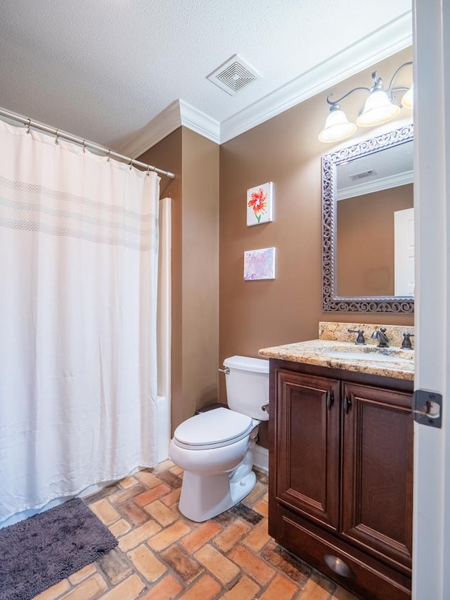 bathroom with ornamental molding, toilet, visible vents, and brick floor