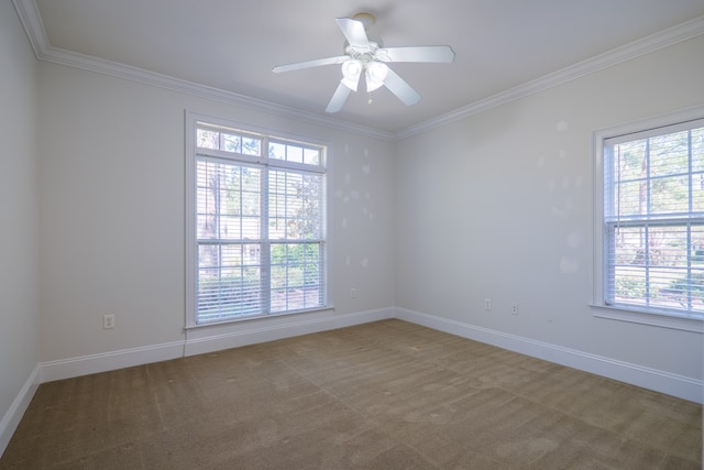 empty room featuring carpet flooring, ceiling fan, and ornamental molding