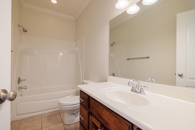 full bathroom featuring vanity, bathtub / shower combination, tile patterned floors, toilet, and ornamental molding