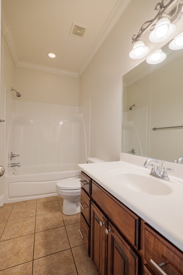 full bathroom featuring vanity, bathing tub / shower combination, tile patterned floors, crown molding, and toilet