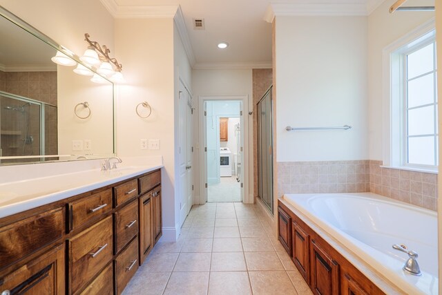 bathroom featuring ornamental molding and a wealth of natural light