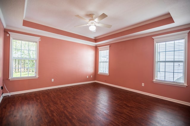 spare room with ornamental molding, dark hardwood / wood-style flooring, and a tray ceiling