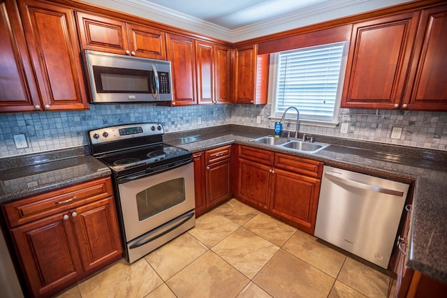 kitchen featuring sink, light tile patterned floors, dark stone countertops, stainless steel appliances, and tasteful backsplash